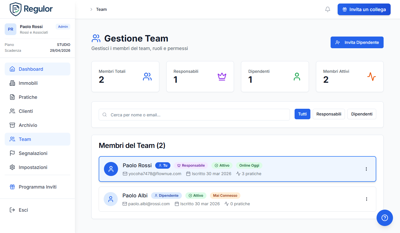 Schermata Gestione Team – Regulor